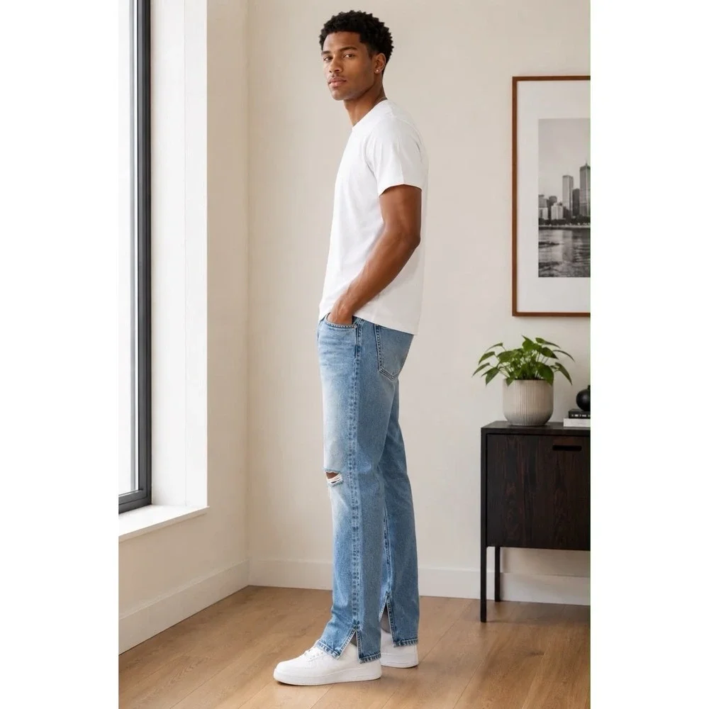 MNML Men's Light Wash Skinny Jeans Distressed Ripped Knee Solid 5-Pocket